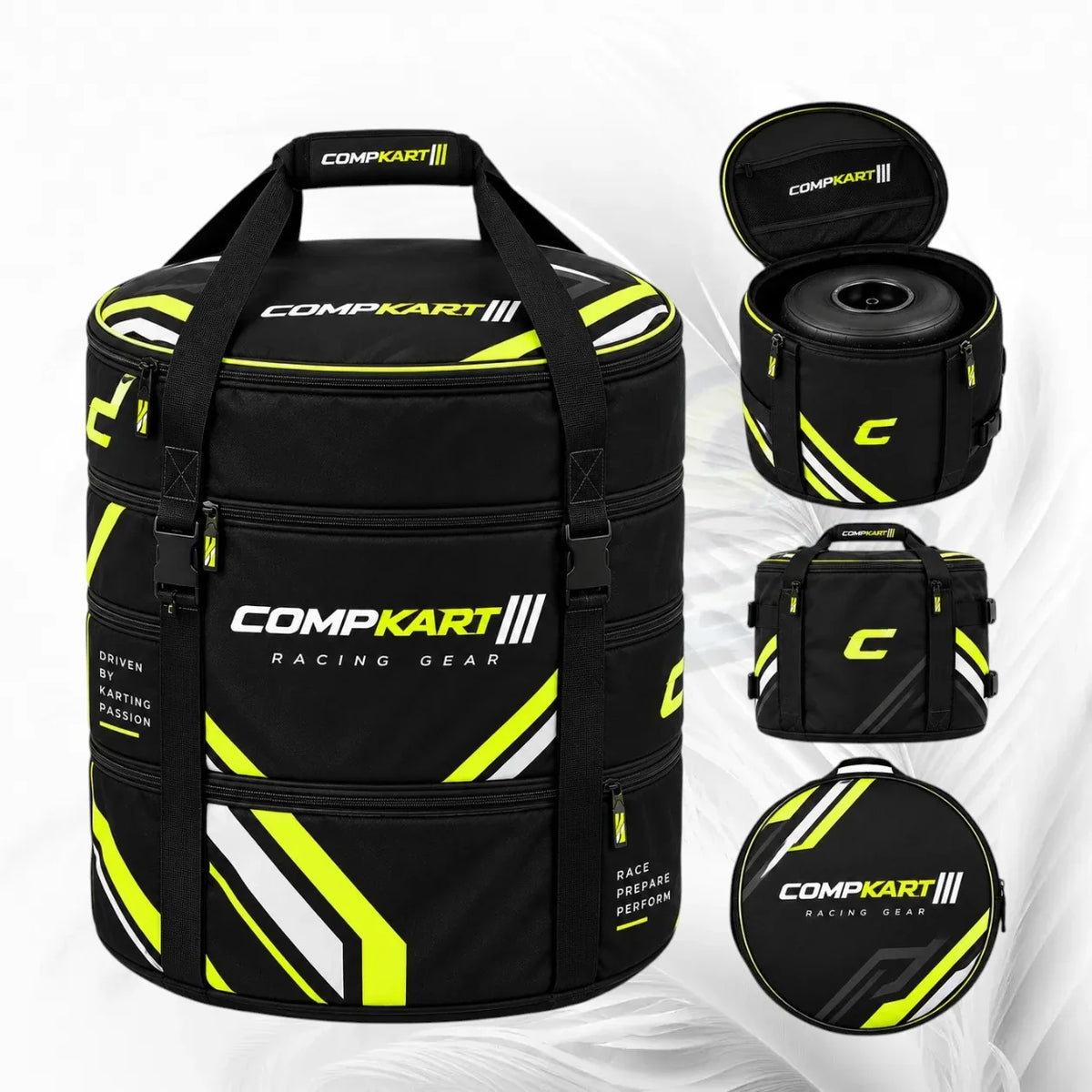 Black COMPKART Racing Gear bag with neon yellow and white geometric accents, shown in a main front view and three smaller inset views showing the open lid, side view, and circular close-up on a white background.
