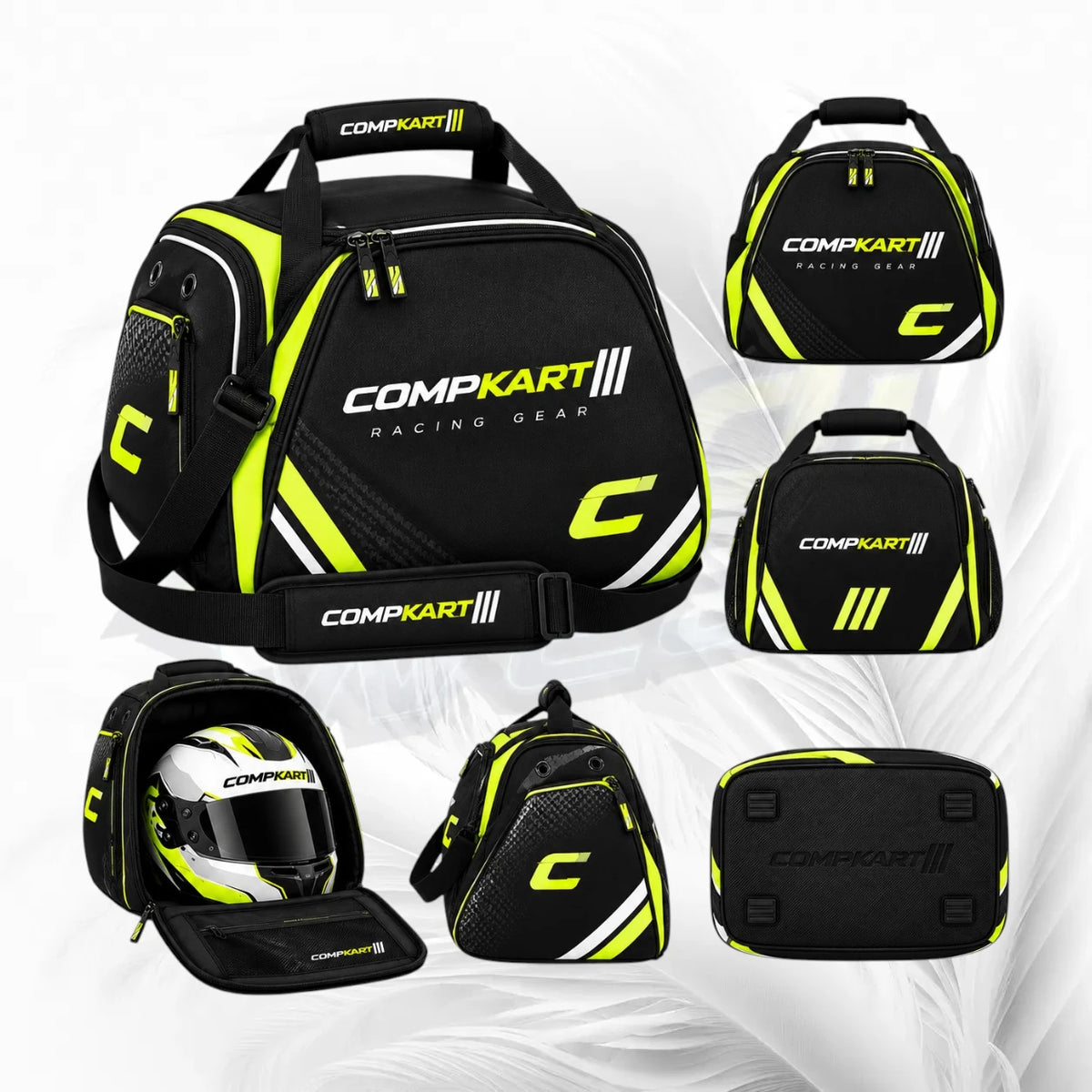 A CompKart Racing Gear duffel bag shown in multiple views on a light gray background. The bag is primarily black with bright neon yellow-green accents, white CompKart branding, and a large stylized 'C' logo.