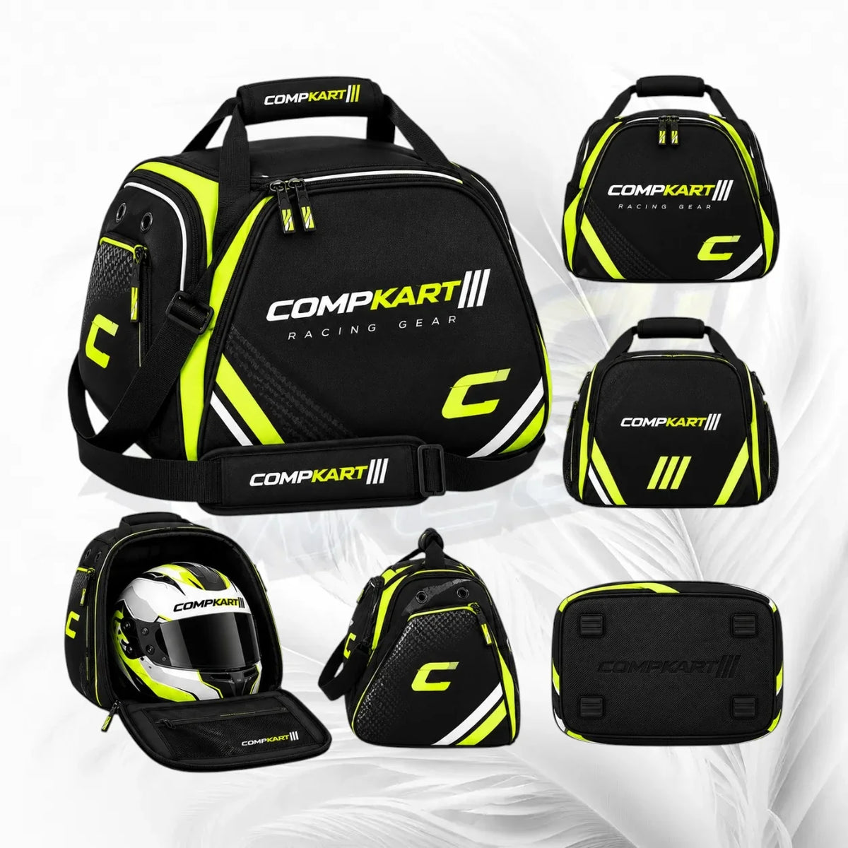 A CompKart Racing Gear duffel bag shown in multiple views on a light gray background. The bag is primarily black with bright neon yellow-green accents, white CompKart branding, and a large stylized 'C' logo.