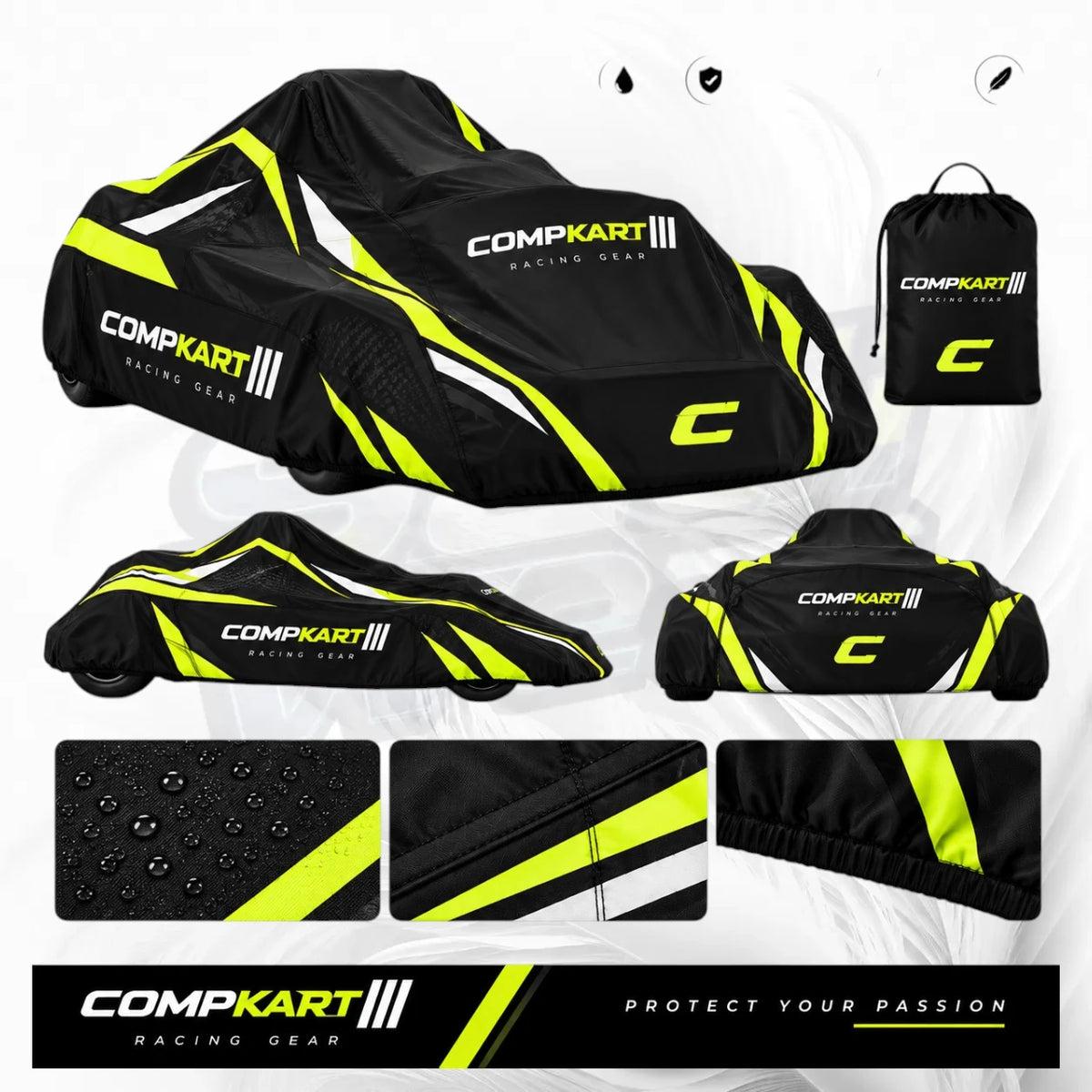 Black and neon yellow Compkart Racing Gear car cover shown in multiple views with a matching drawstring bag, plus three detail close-ups on a white background.