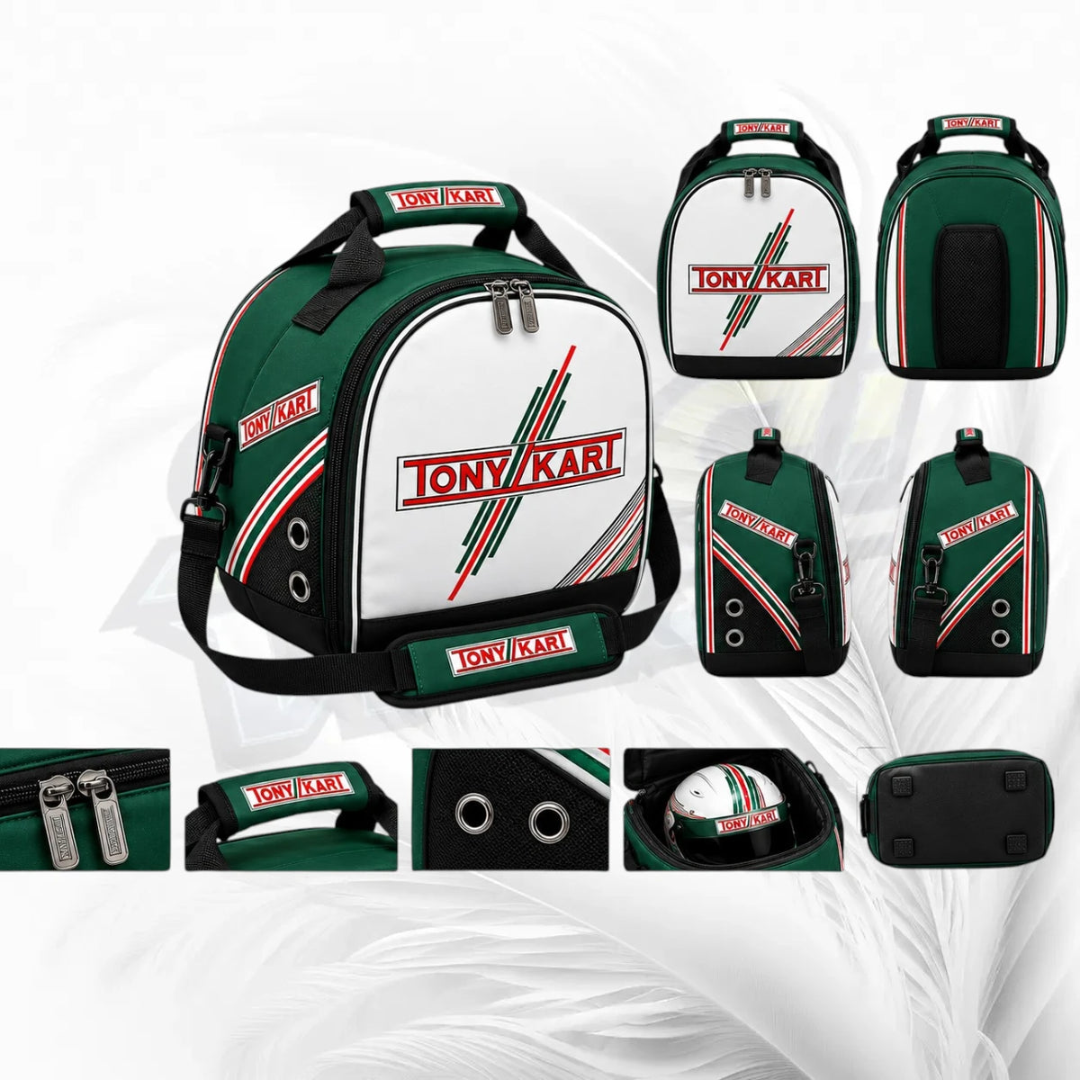 A Tony Kart branded sports bag shown from multiple angles on a white background with a subtle leaf pattern. The bag is primarily dark green and white with red and green diagonal stripes and 'TONY KART' text on the front, handles, and side straps.