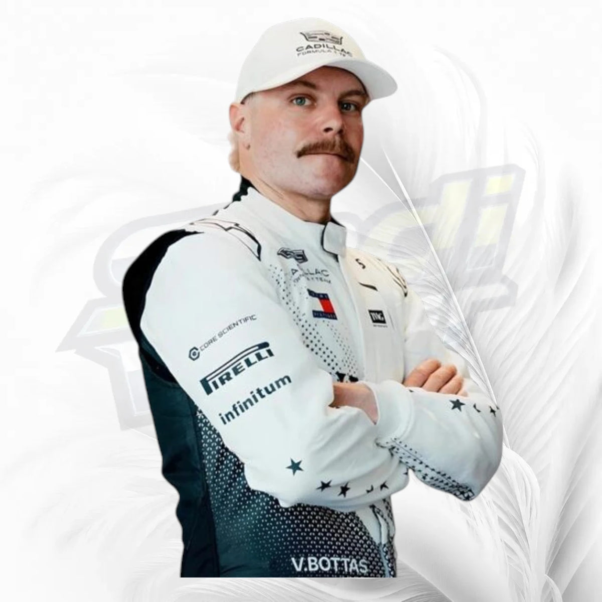 A man wearing a white racing suit and matching cap with sponsor logos, posed against a white background with a faint feather graphic.