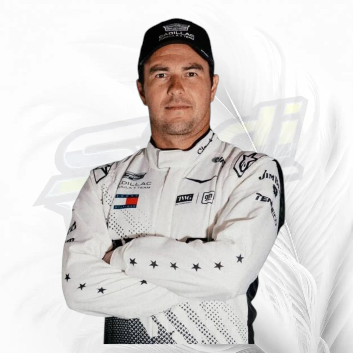 Cadillac F1 V Bottas racing suit white black front view with racing graphics