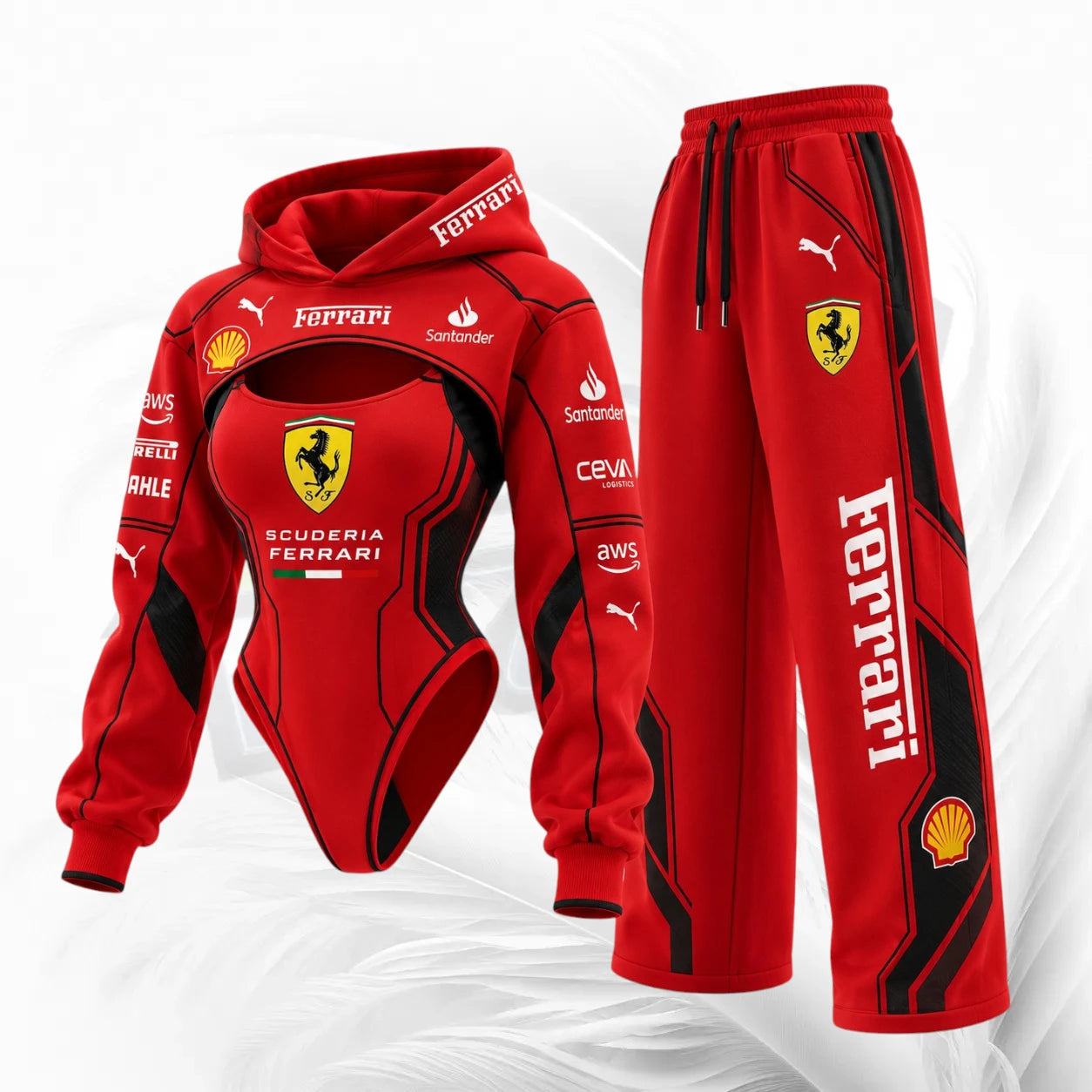 A red and black Ferrari-themed two-piece tracksuit set, including a hooded bodysuit and matching sweatpants, featuring Ferrari, Puma, Shell, Santander, and other sponsor logos.