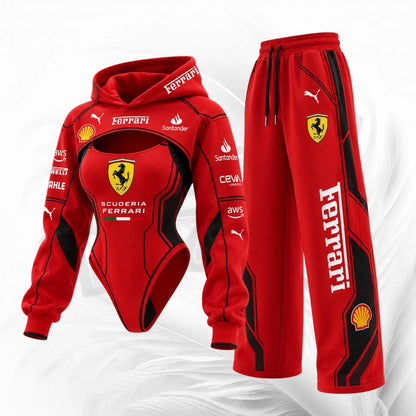 A red and black Ferrari-themed two-piece tracksuit set, including a hooded bodysuit and matching sweatpants, featuring Ferrari, Puma, Shell, Santander, and other sponsor logos.