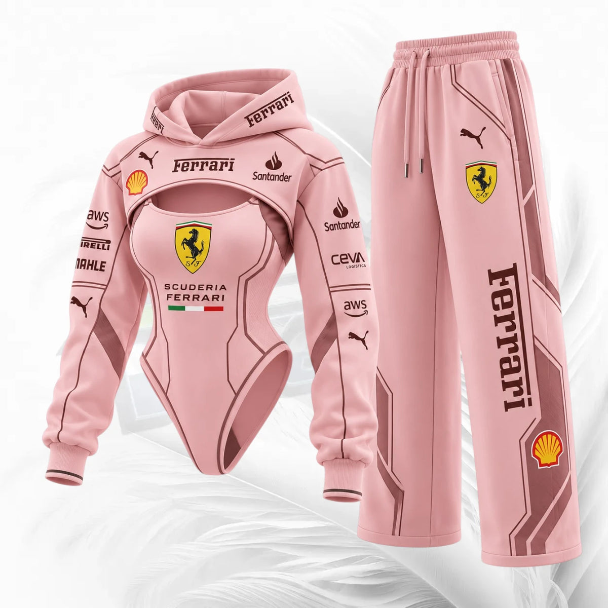 A pink Ferrari-themed two-piece tracksuit set, including a hooded bodysuit and matching sweatpants, decorated with various sponsor logos and the Scuderia Ferrari branding.