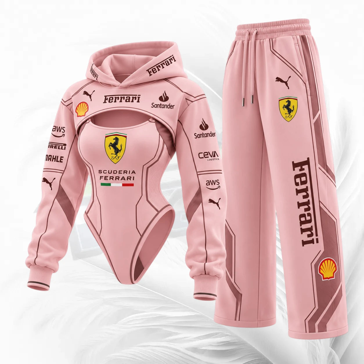 A pink Ferrari-themed two-piece tracksuit set, including a hooded bodysuit and matching sweatpants, decorated with various sponsor logos and the Scuderia Ferrari branding.