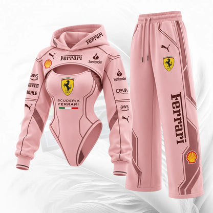 A pink Ferrari-themed two-piece tracksuit set, including a hooded bodysuit and matching sweatpants, decorated with various sponsor logos and the Scuderia Ferrari branding.