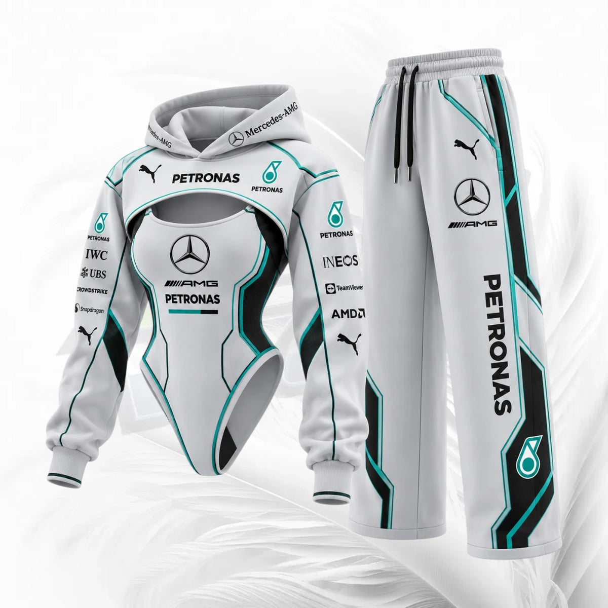 A two-piece Mercedes Petronas racing tracksuit set, including a white hooded bodysuit with teal and black graphics and matching sweatpants, featuring sponsor logos like Puma, Mercedes, and Ineos.