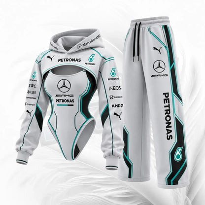 A two-piece Mercedes Petronas racing tracksuit set, including a white hooded bodysuit with teal and black graphics and matching sweatpants, featuring sponsor logos like Puma, Mercedes, and Ineos.