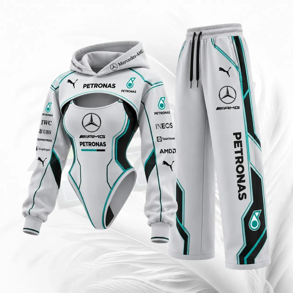 A two-piece Mercedes Petronas racing tracksuit set, including a white hooded bodysuit with teal and black graphics and matching sweatpants, featuring sponsor logos like Puma, Mercedes, and Ineos.