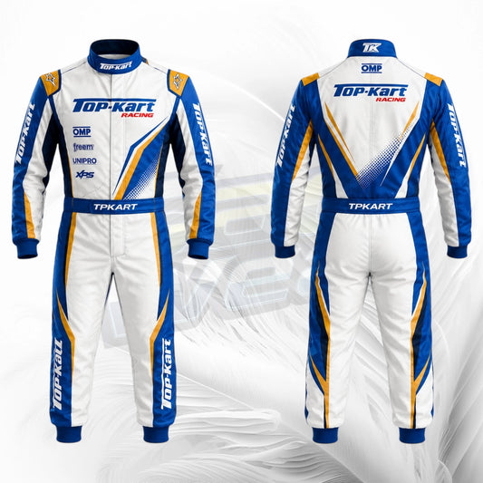 Top Kart Custom Racing Suit White Blue Gold