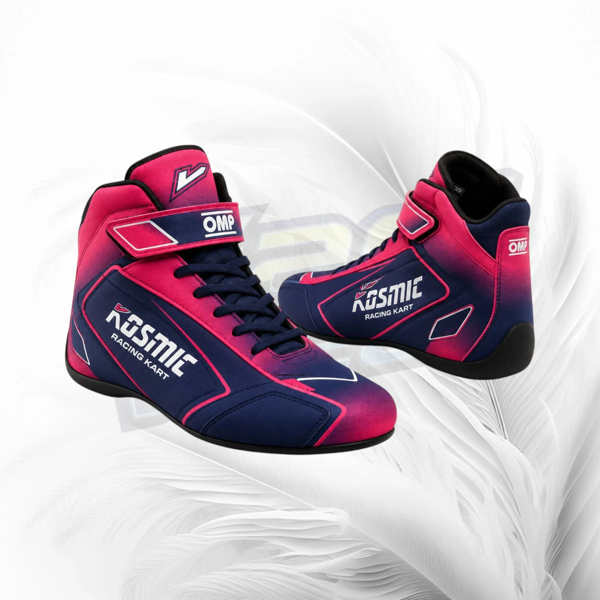 Pair of pink and blue racing shoes with 'Kosmic' branding on a white background