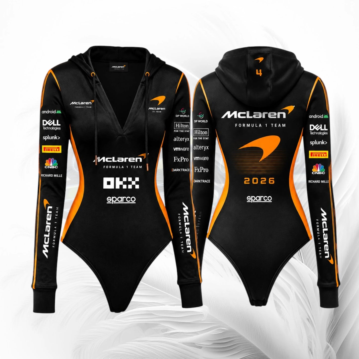 Front and back views of a black McLaren Formula 1 team hooded bodysuit with orange and white sponsor logos, displayed on a white background.