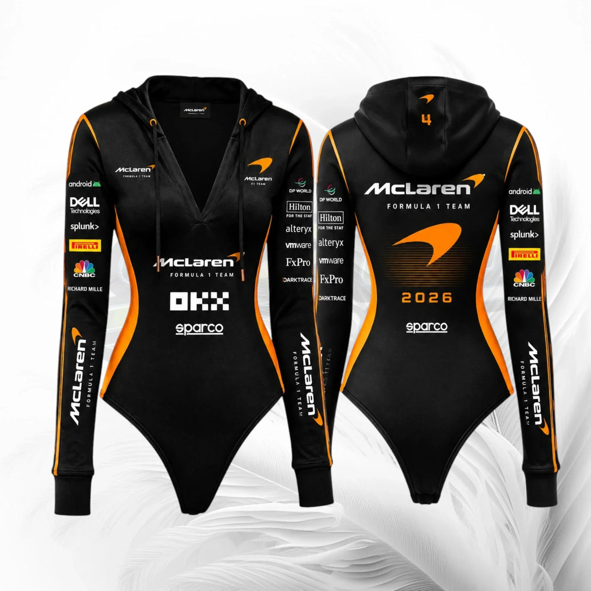 Front and back views of a black McLaren Formula 1 team hooded bodysuit with orange and white sponsor logos, displayed on a white background.