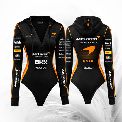 Front and back views of a black McLaren Formula 1 team hooded bodysuit with orange and white sponsor logos, displayed on a white background.