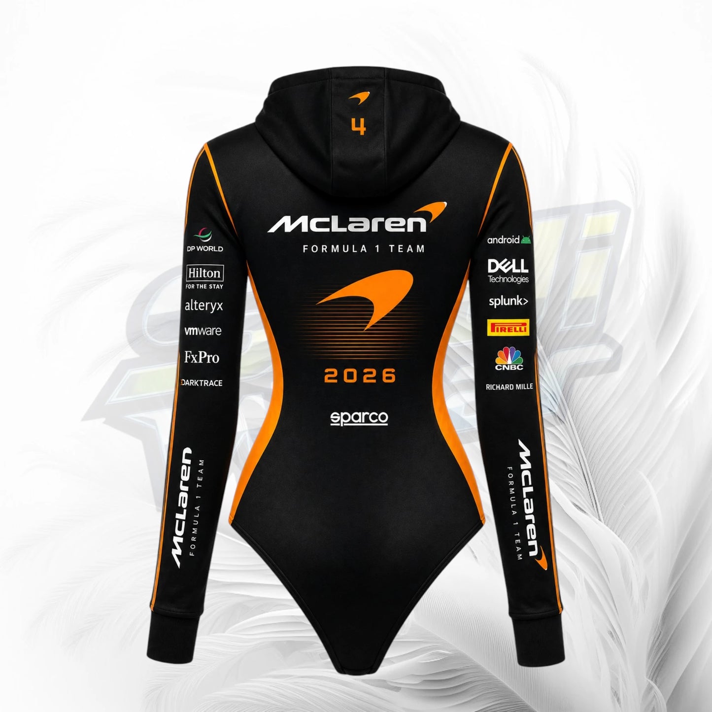 A black long-sleeve hooded racing suit with orange accents, featuring McLaren Formula 1 Team branding, sponsor logos, and the number 4, shown on a white background with a faint McLaren logo watermark.