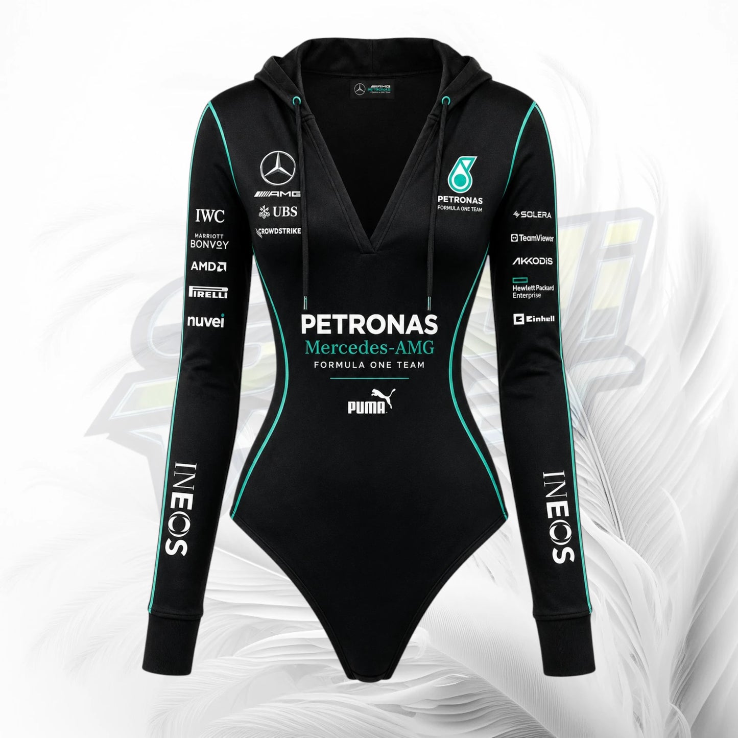 A black long-sleeve hooded bodysuit with Mercedes-AMG Petronas team branding, sponsor logos, and teal accent lines, shown on a white abstract background.