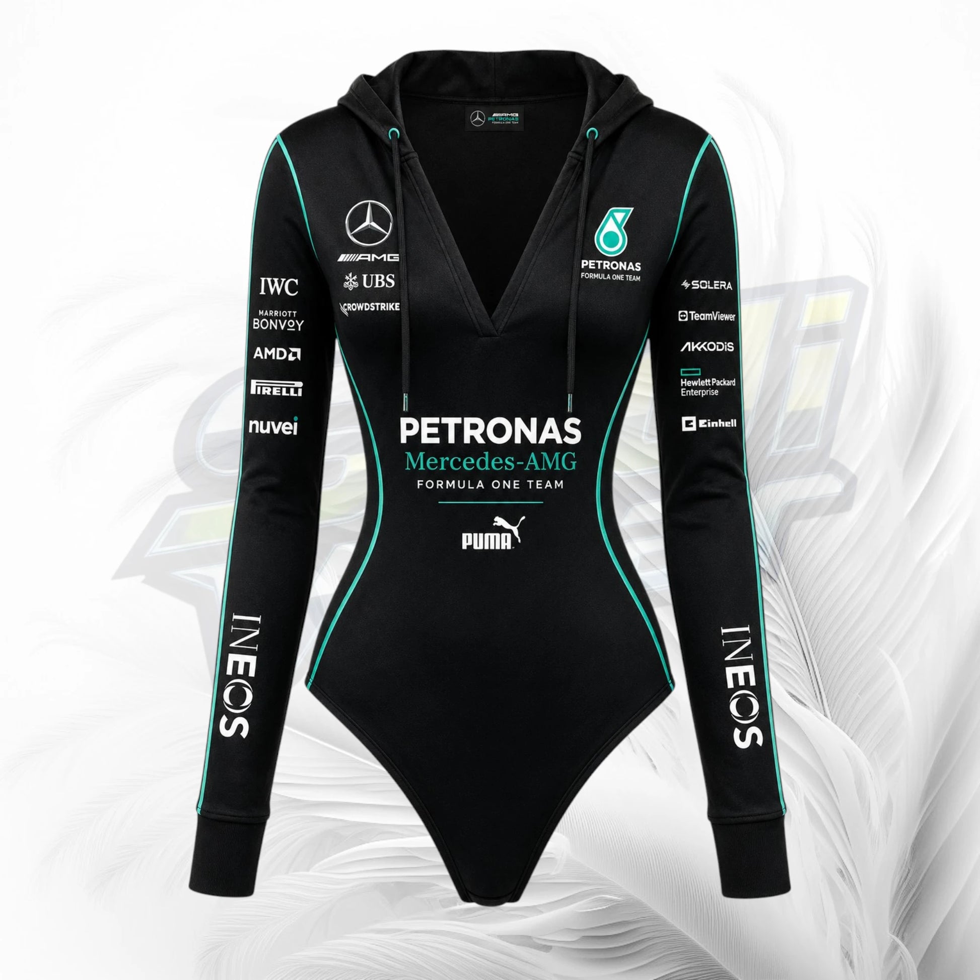 A black long-sleeve hooded bodysuit with Mercedes-AMG Petronas team branding, sponsor logos, and teal accent lines, shown on a white abstract background.