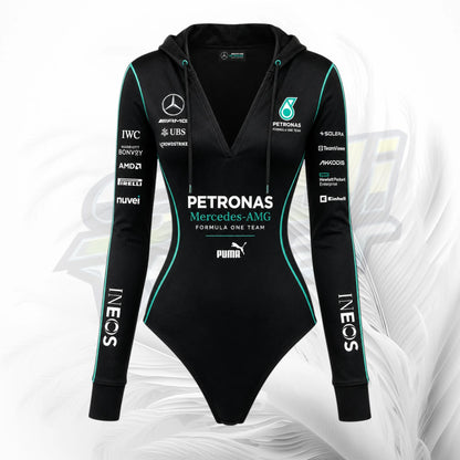 A black long-sleeve hooded bodysuit with Mercedes-AMG Petronas team branding, sponsor logos, and teal accent lines, shown on a white abstract background.