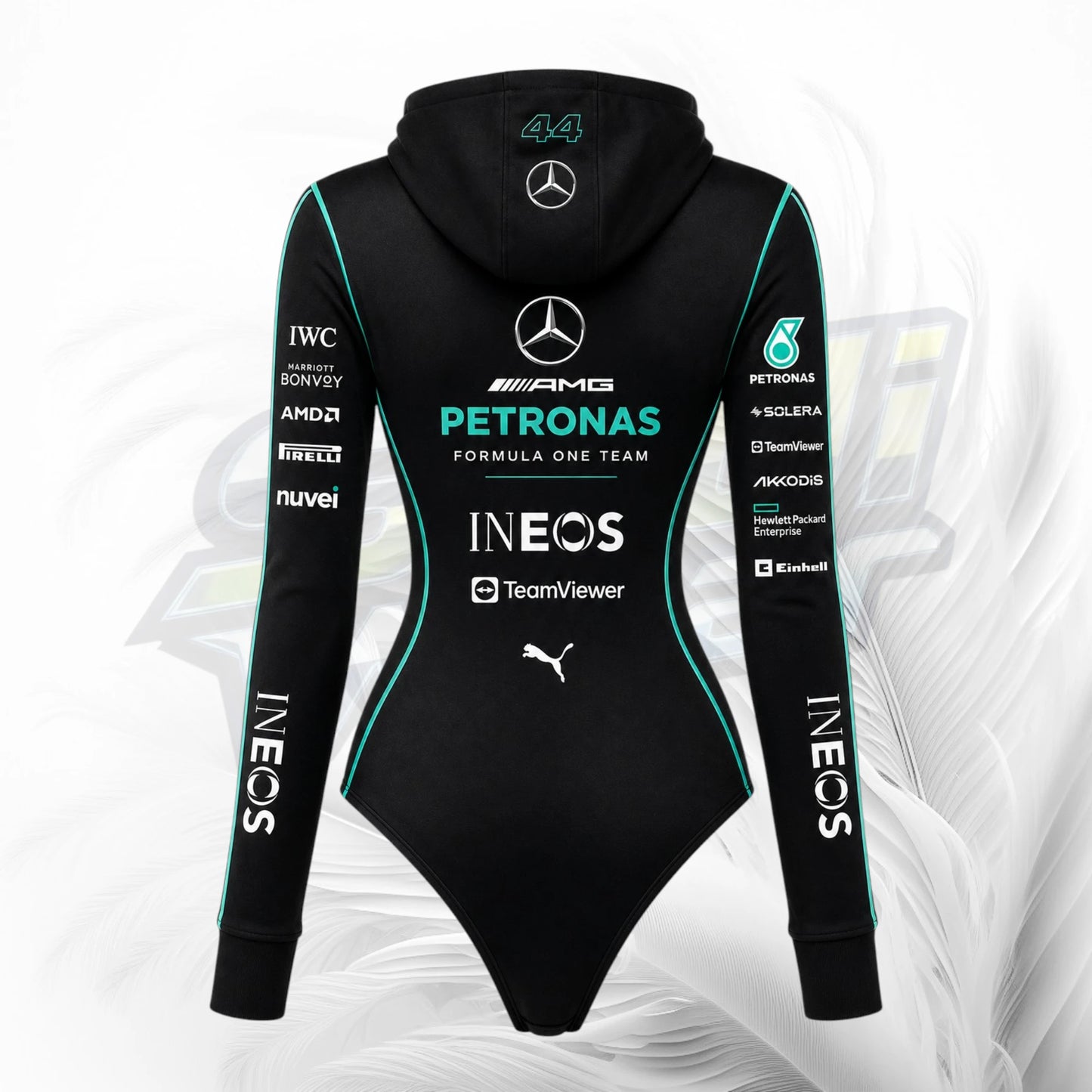 Black long-sleeve hooded bodysuit shown from the back, featuring Mercedes and Petronas Formula One Team branding, sponsor logos, and teal side piping on a light gray background.