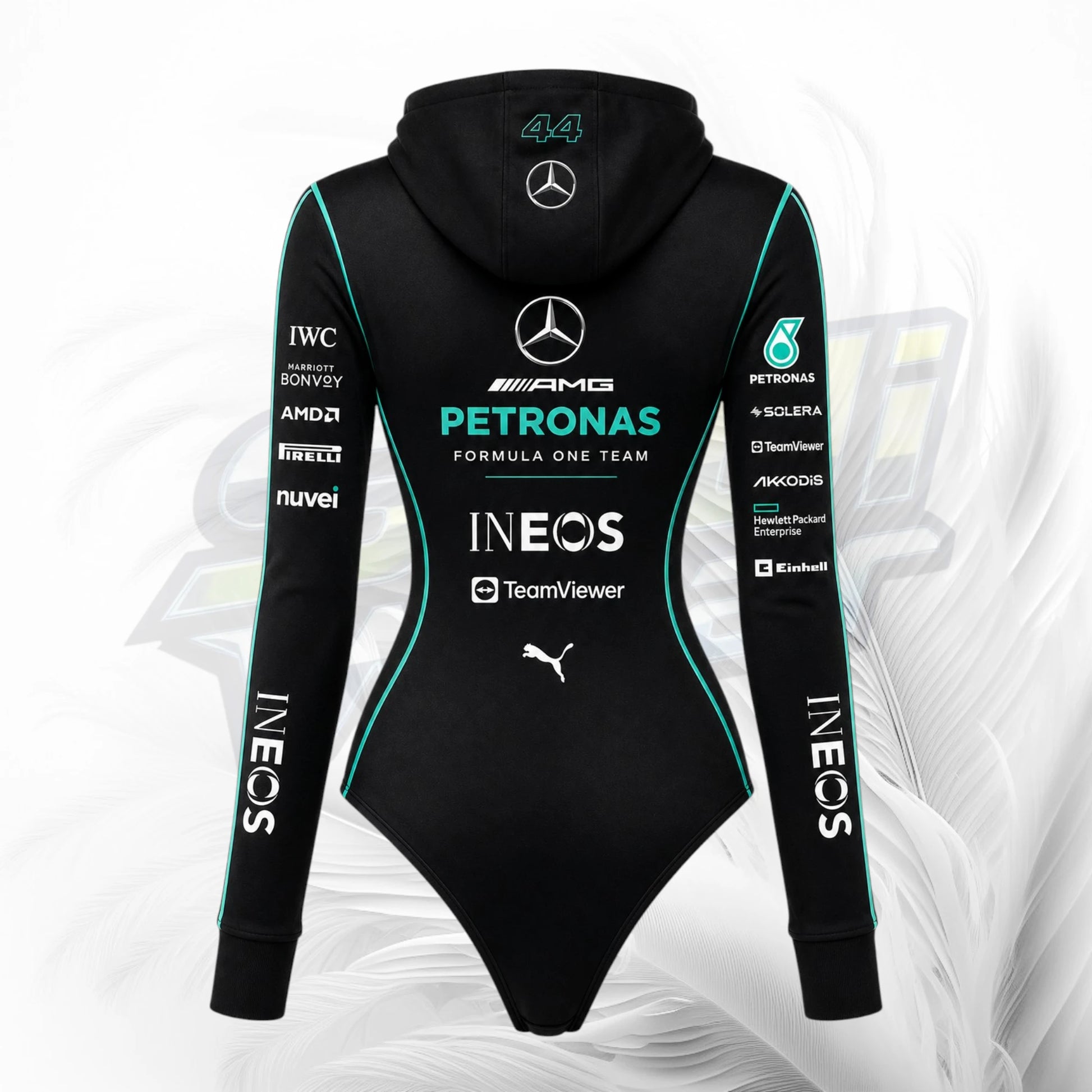 Black long-sleeve hooded bodysuit shown from the back, featuring Mercedes and Petronas Formula One Team branding, sponsor logos, and teal side piping on a light gray background.