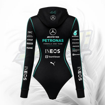 Black long-sleeve hooded bodysuit shown from the back, featuring Mercedes and Petronas Formula One Team branding, sponsor logos, and teal side piping on a light gray background.