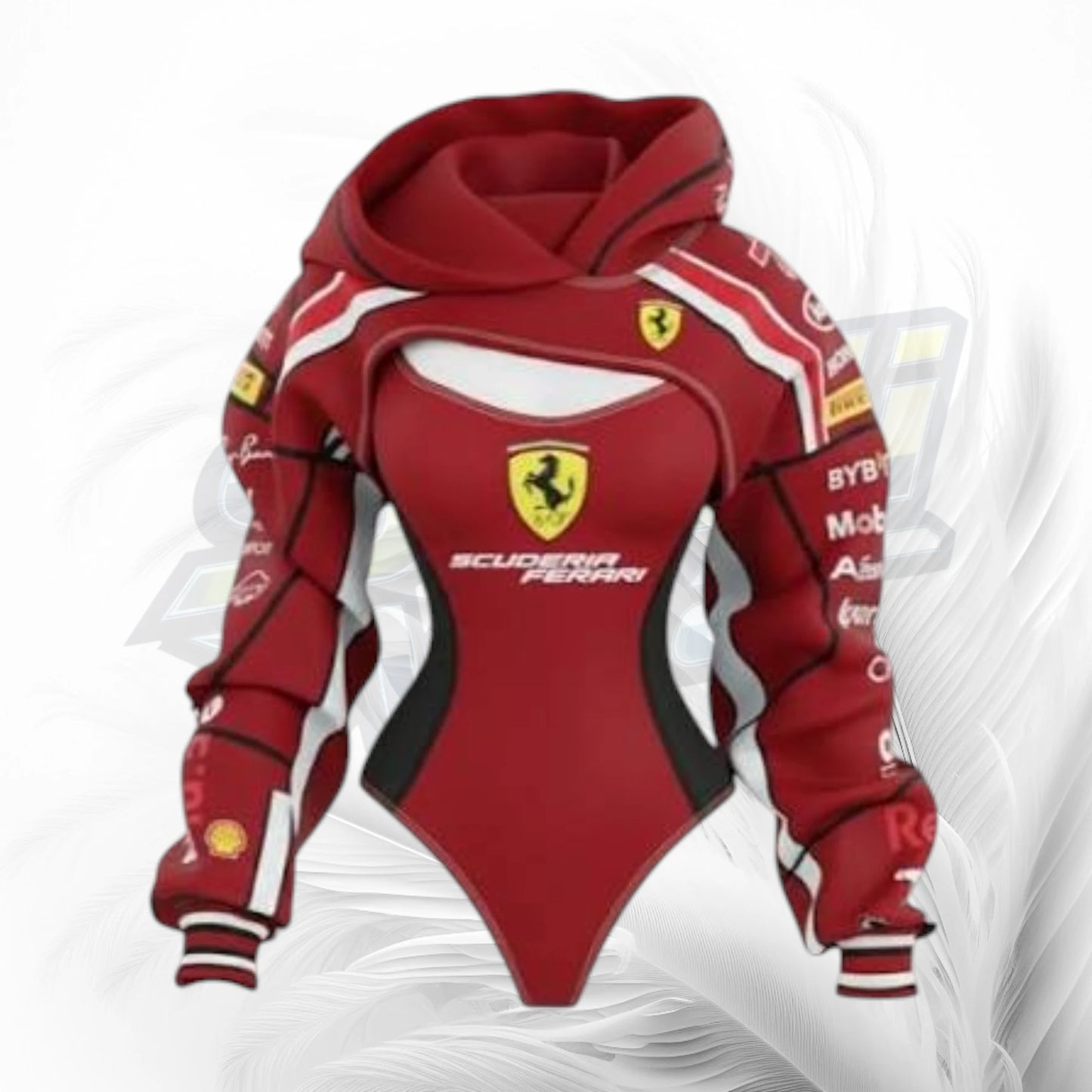 A red Ferrari-themed hooded bodysuit or jumpsuit with long sleeves, featuring the Scuderia Ferrari logo on the chest, a yellow Ferrari shield, and sponsor logos on the sleeves, shown against a white background with a faint watermark.