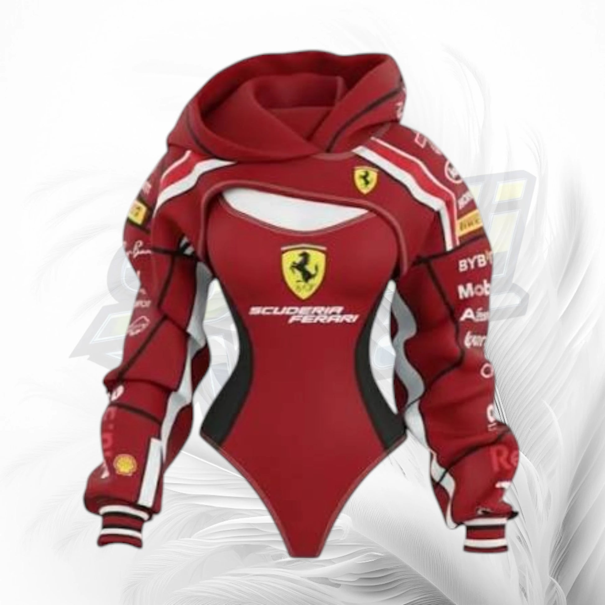 A red Ferrari-themed hooded bodysuit or jumpsuit with long sleeves, featuring the Scuderia Ferrari logo on the chest, a yellow Ferrari shield, and sponsor logos on the sleeves, shown against a white background with a faint watermark.