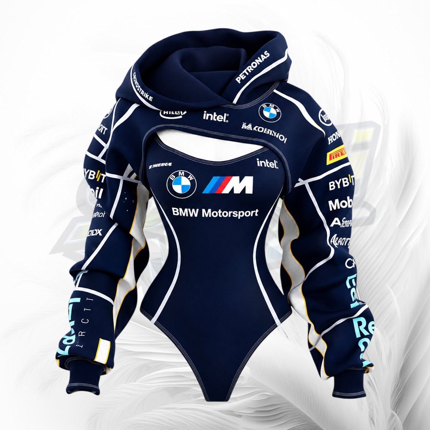 A BMW Motorsport themed navy blue hooded bodysuit with sponsor logos including Intel, Petronas, and Cosworth, displayed on a white background with a faint gray swirl pattern.