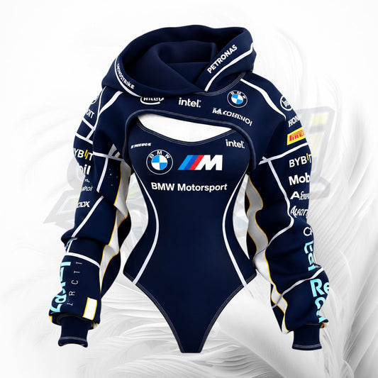 A BMW Motorsport themed navy blue hooded bodysuit with sponsor logos including Intel, Petronas, and Cosworth, displayed on a white background with a faint gray swirl pattern.