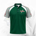 A green short-sleeve polo shirt with white and red striped raglan sleeves, featuring a 'CONVAKART' logo on the left chest, displayed on a white background with a subtle leaf pattern.