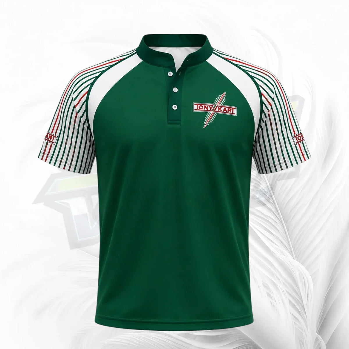 A green short-sleeve polo shirt with white and red striped raglan sleeves, featuring a 'CONVAKART' logo on the left chest, displayed on a white background with a subtle leaf pattern.
