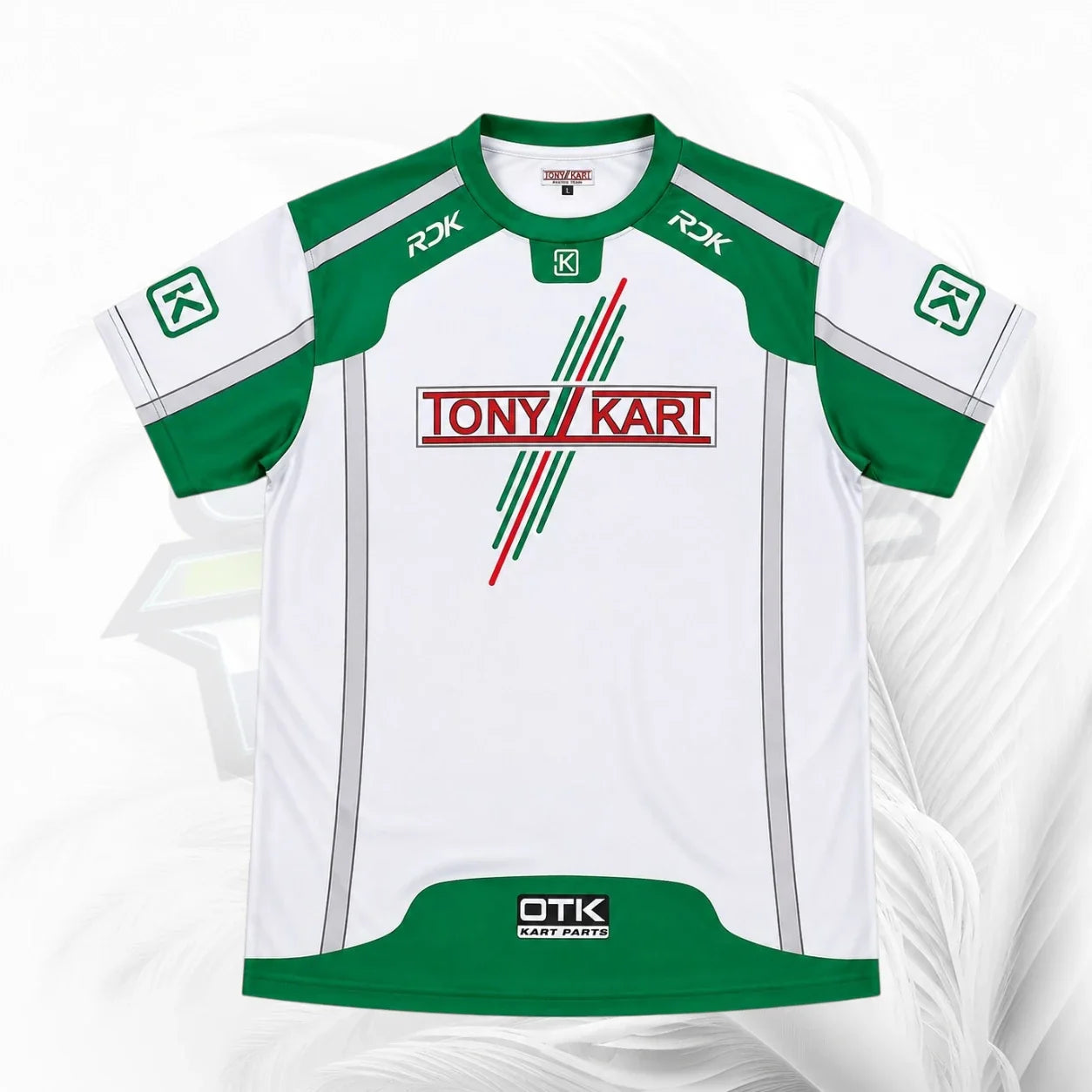 A white and green esports jersey featuring 'TONY KARI' in red and green on the chest, with 'OTIK GATEWAY' on the bottom hem and 'RJK' on the shoulders.