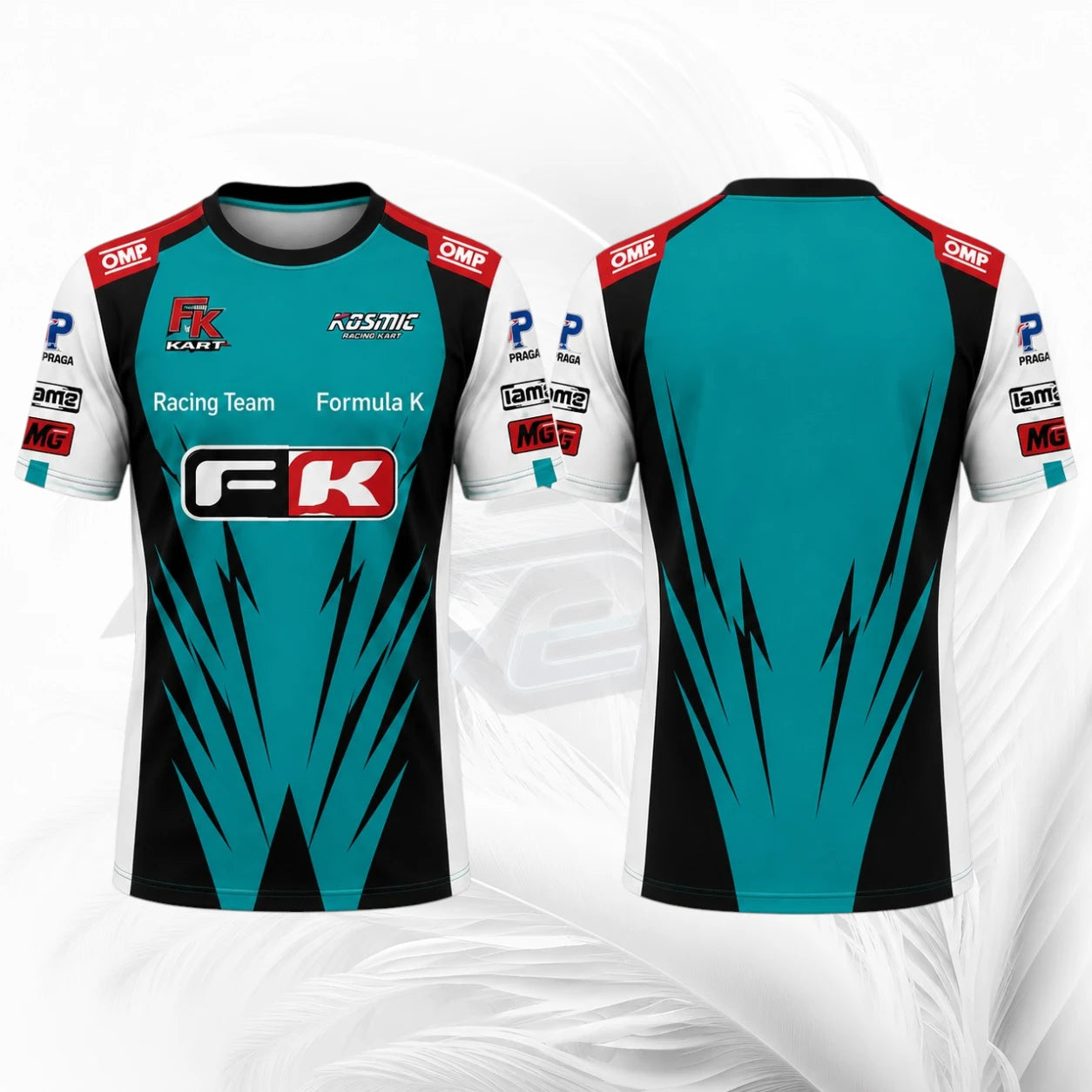 Formula K teal and black racing t-shirt with white sleeves and red motorsport graphics front and back