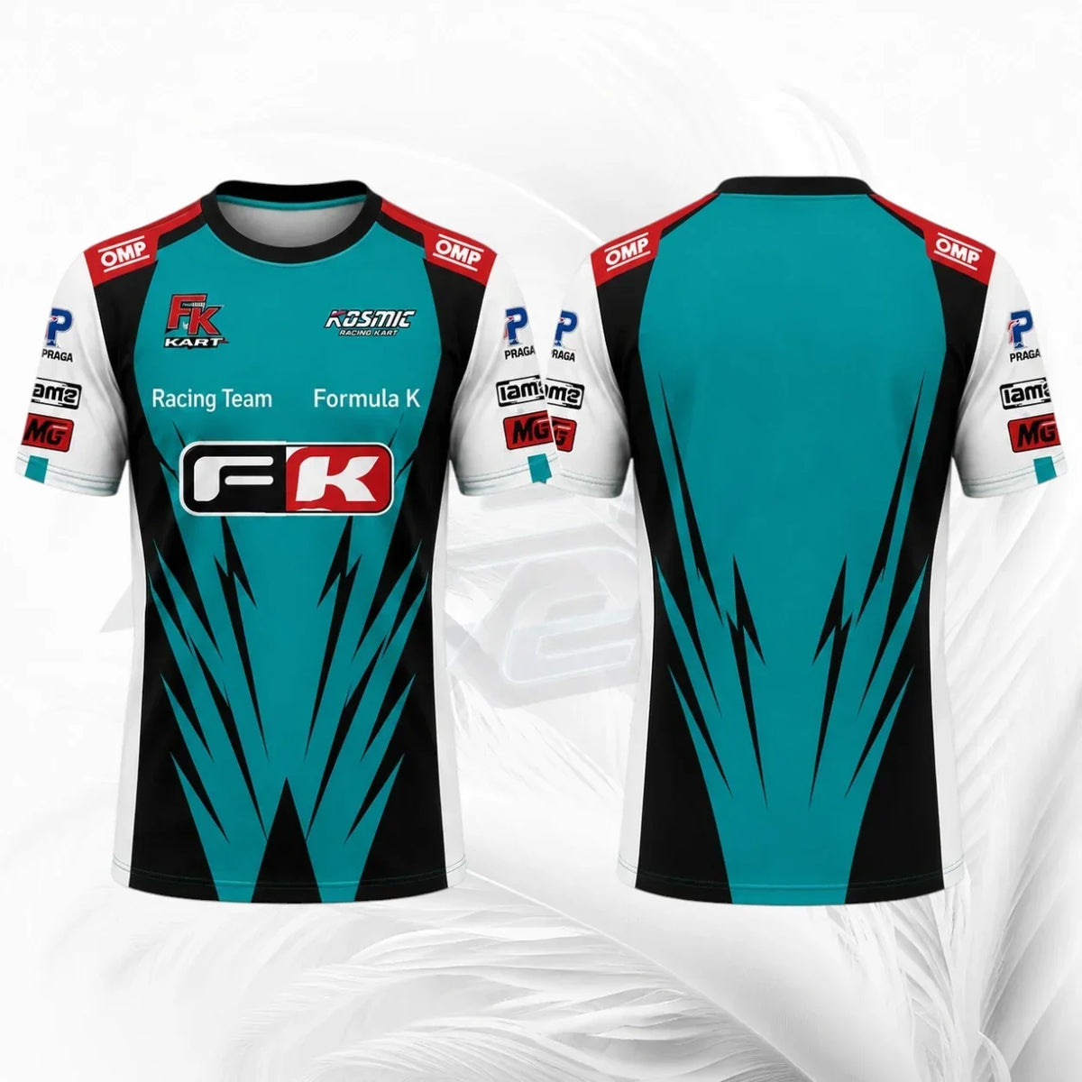Formula K teal and black racing t-shirt with white sleeves and red motorsport graphics front and back