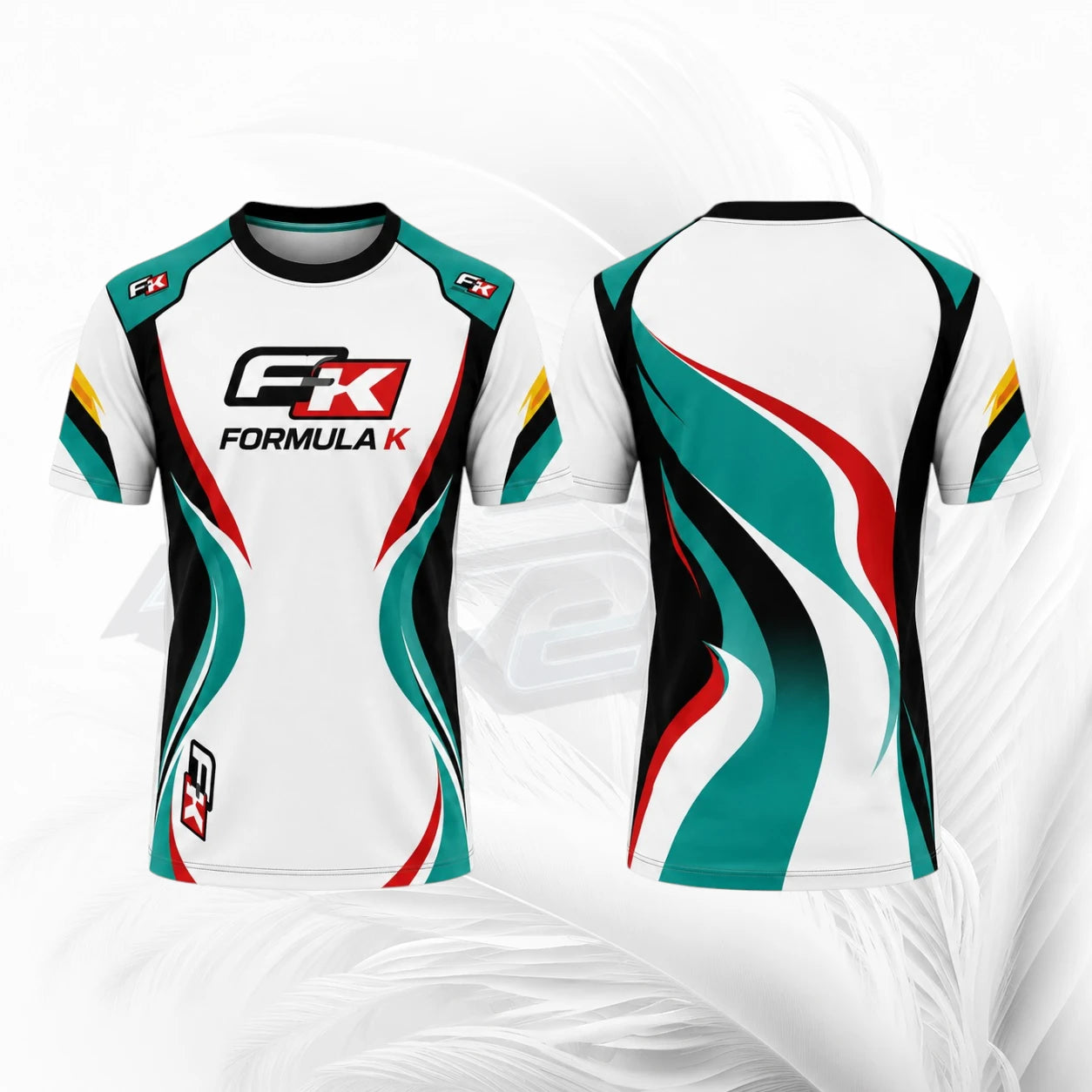 Front and back views of a short-sleeve Formula K athletic jersey. The jersey is primarily white with dynamic teal, black, red, and yellow graphic swirls, featuring the 'FX Formula K' logo on the chest and shoulders.