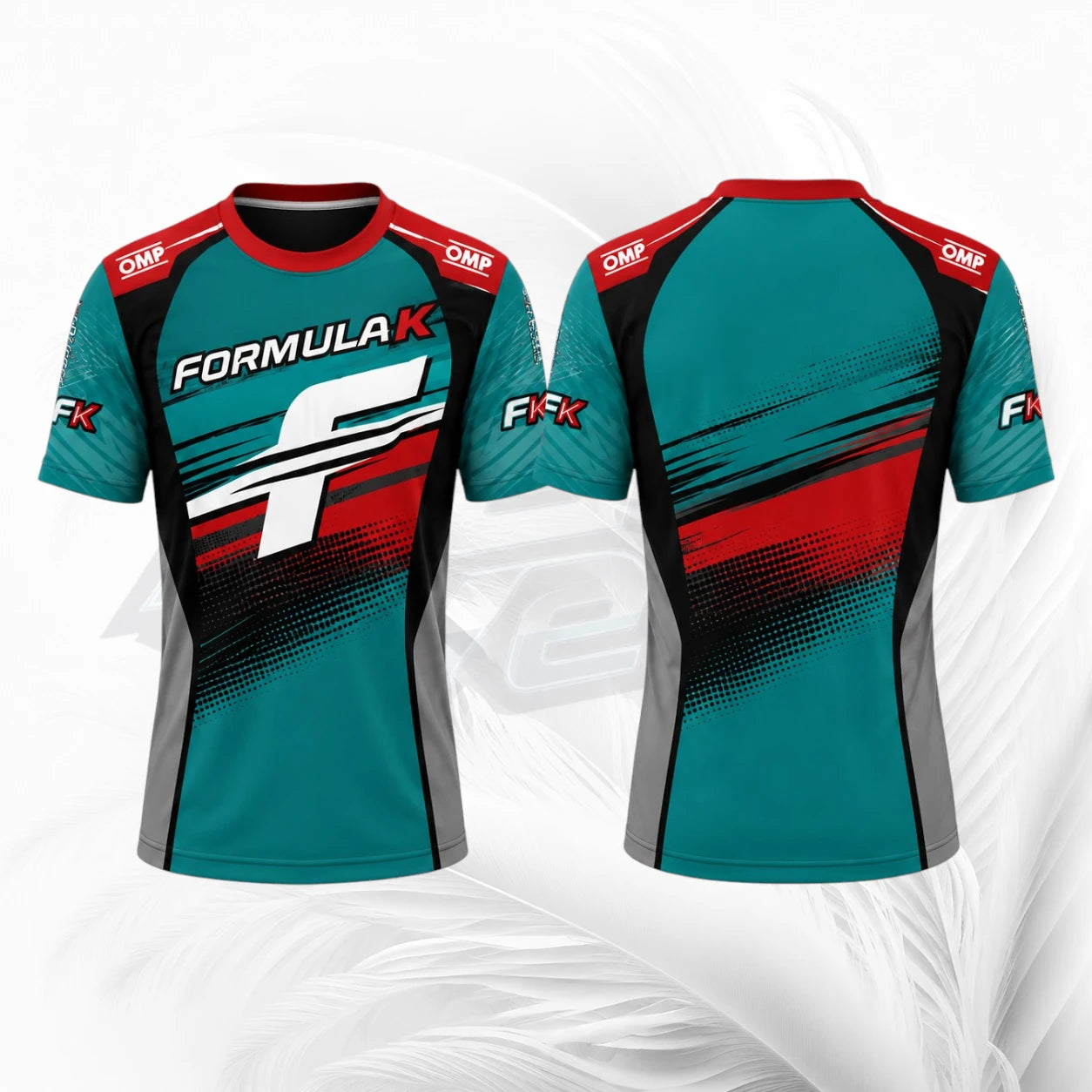 Front and back views of a short-sleeve athletic jersey in teal, black, red, and gray, featuring 'FORMULA K' and 'OMP' branding, displayed on a light gray background.
