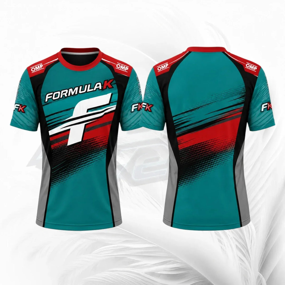 Front and back views of a short-sleeve athletic jersey in teal, black, red, and gray, featuring 'FORMULA K' and 'OMP' branding, displayed on a light gray background.