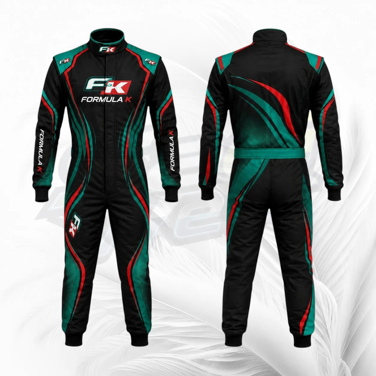 Front and back views of a black full-zip racing suit with green and red graphic stripes, featuring 'F1' and 'FORMULA 1' branding on a white textured background.