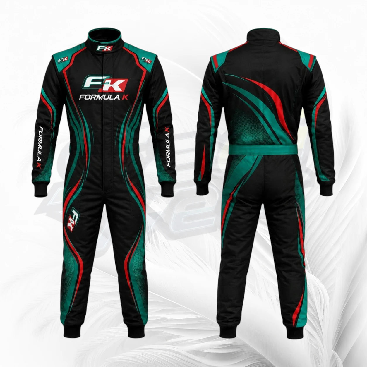 Front and back views of a black full-zip racing suit with green and red graphic stripes, featuring 'F1' and 'FORMULA 1' branding on a white textured background.