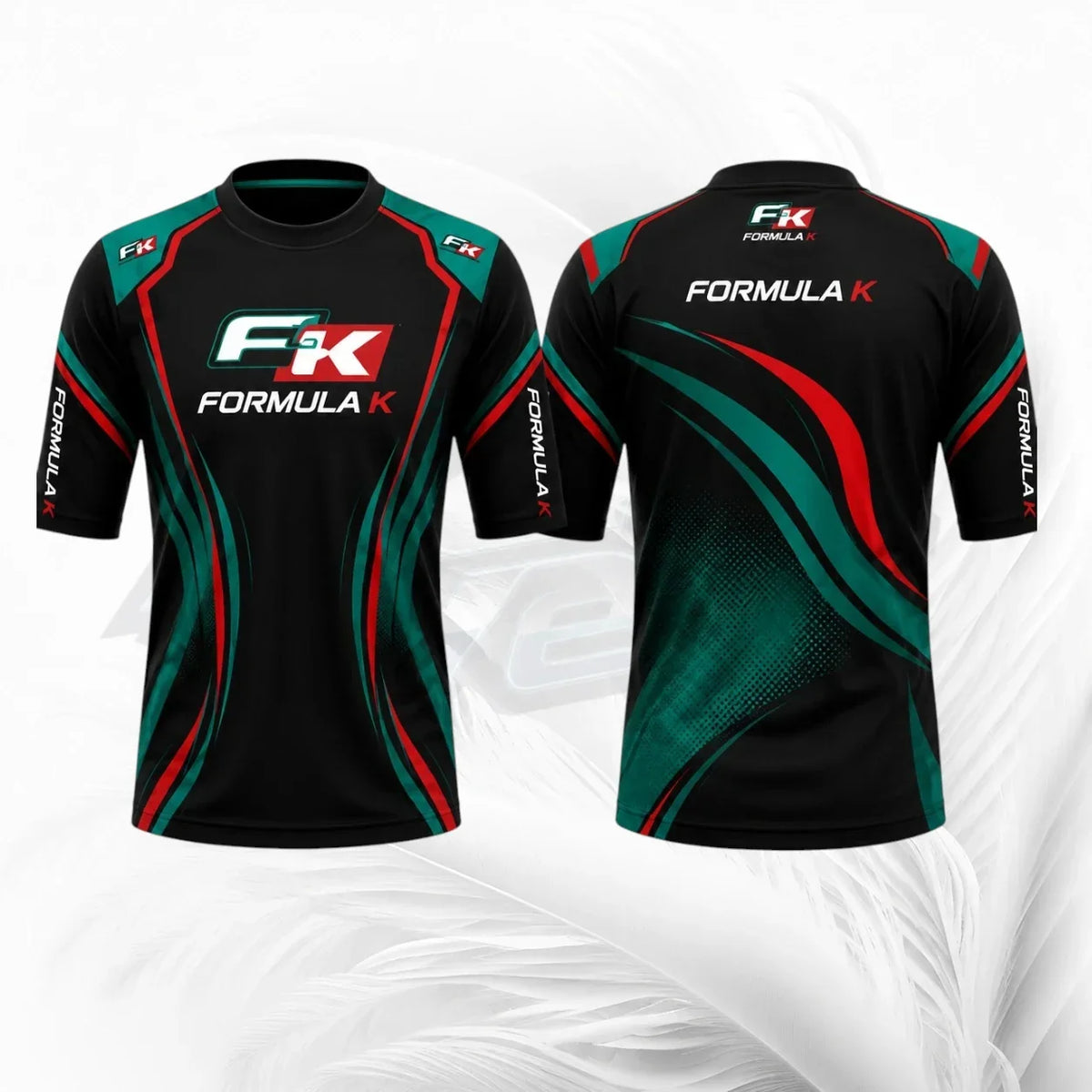 Front and back views of a short-sleeve Formula K athletic jersey. The jersey is primarily black with green and red graphic patterns, featuring the 'FXK FORMULA K' logo on the chest and sleeves.