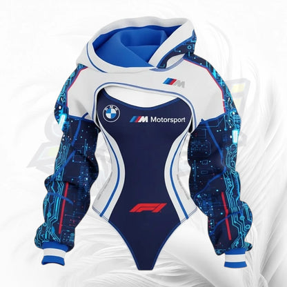 A BMW Motorsport F1 themed hooded bodysuit with a white, blue, and navy color scheme, featuring circuit board graphics on the sleeves and a red F1 logo on the chest.