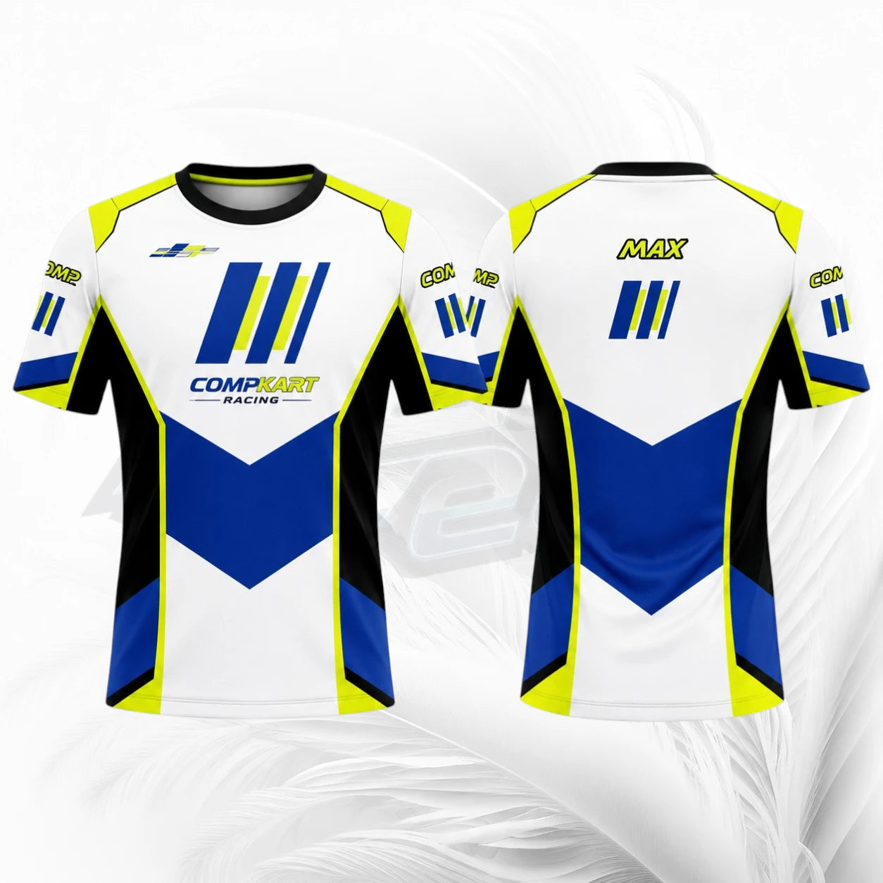 Front and back views of a white short-sleeve racing jersey with blue and yellow graphics, displayed on a light gray background. The front features 'COMPART RACING' and a stylized logo, while the back shows 'MAX' above a blue chevron design.