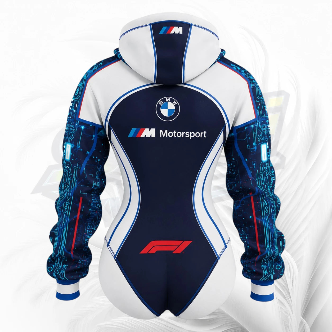 A BMW Motorsport F1 hooded one-piece jumpsuit shown from the back, featuring a white and navy blue design with blue circuit-board patterns on the sleeves.