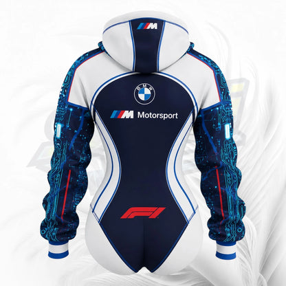 A BMW Motorsport F1 hooded one-piece jumpsuit shown from the back, featuring a white and navy blue design with blue circuit-board patterns on the sleeves.