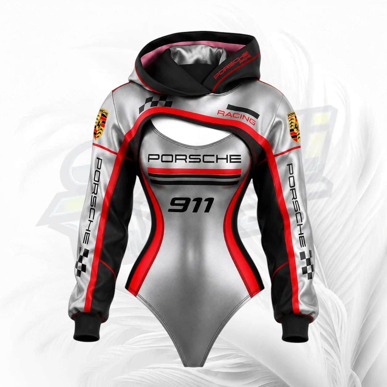 A long-sleeve hooded bodysuit styled after a Porsche 911 racing suit, featuring a metallic silver body with black and red accents, 'PORSCHE' and '911' printed on the front, and 'PORSCHE RACING' on the sleeves and hood.