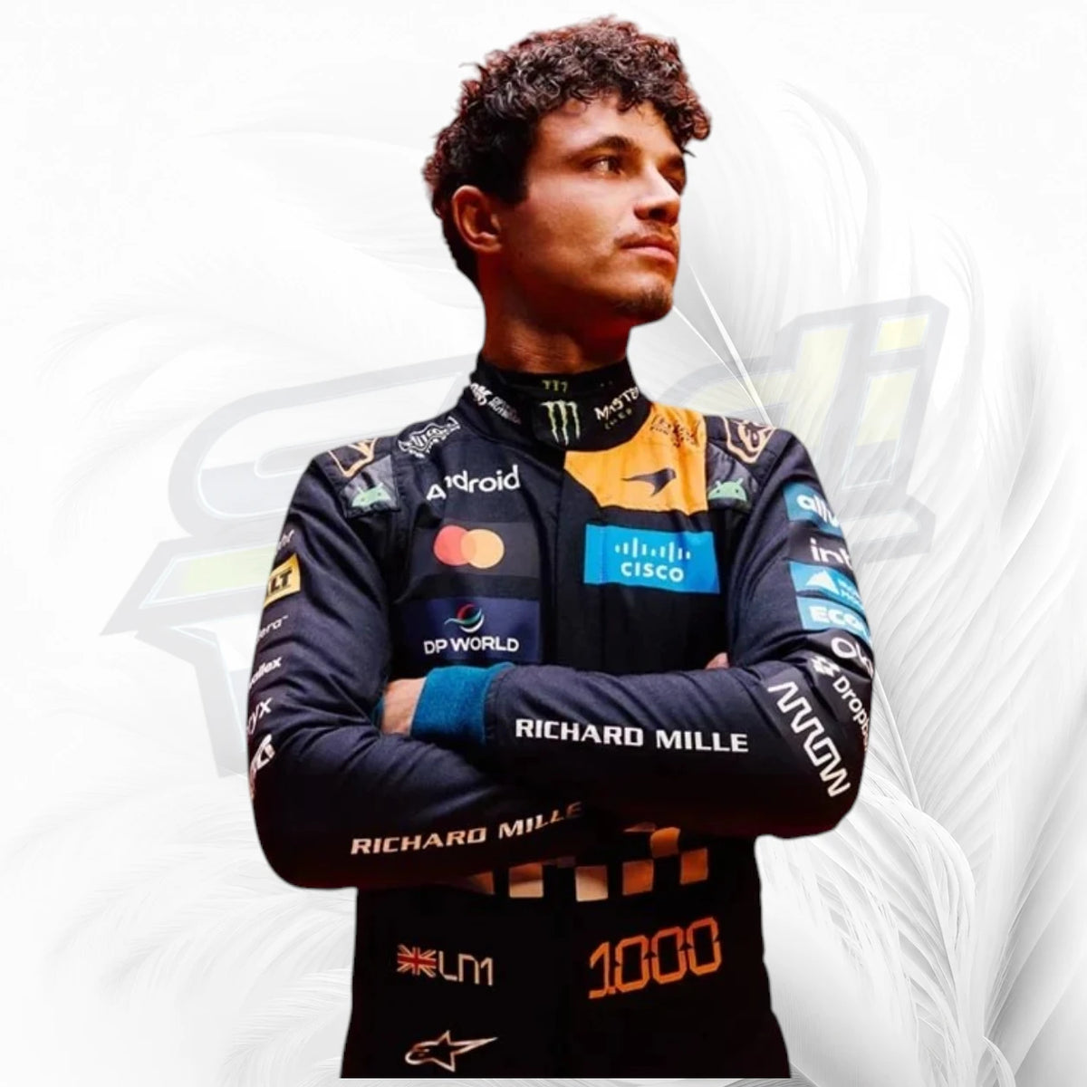  Front design of a dark McLaren-inspired racing suit with turquoise cuffs and papaya-orange details