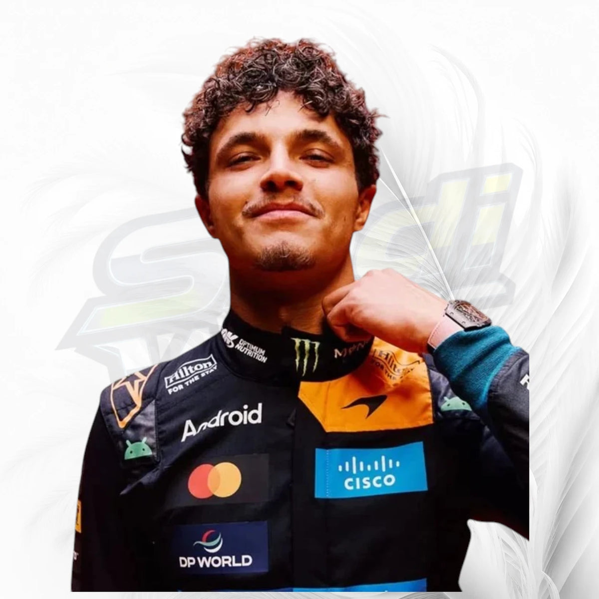  Close-up of Lando Norris inspired McLaren racing suit showing orange shoulder panels and sponsor-style graphics