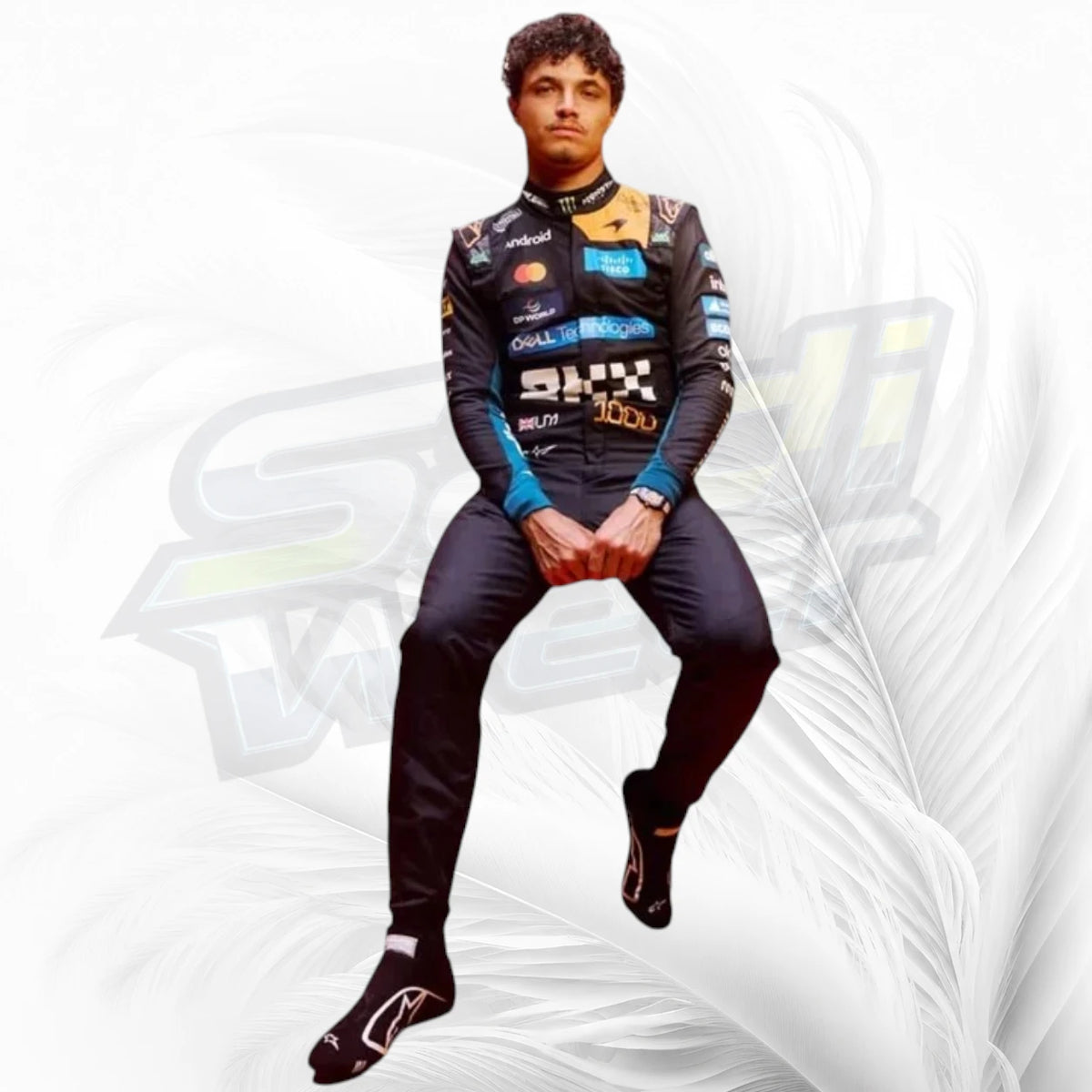 Lando Norris inspired 2026 McLaren F1 racing suit in dark navy with orange and turquoise accents

